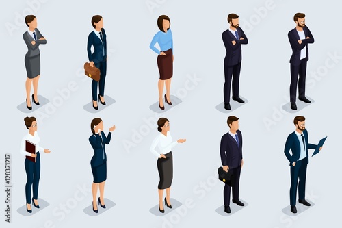 Isometric set of men and women in business attire, of a corporate code of business people. Businessmen on a gray background, isolated. Vector illustration