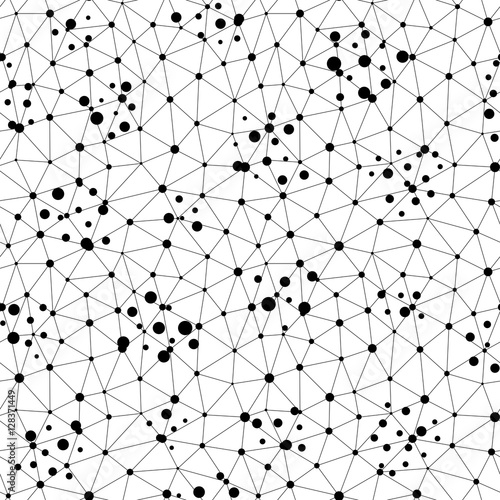 Vector monochrome seamless pattern. Repeat abstract background with thin lines, chaotic dots. Digital dynamical surface, net illustration. Black & white endless texture. Design for prints, decoration