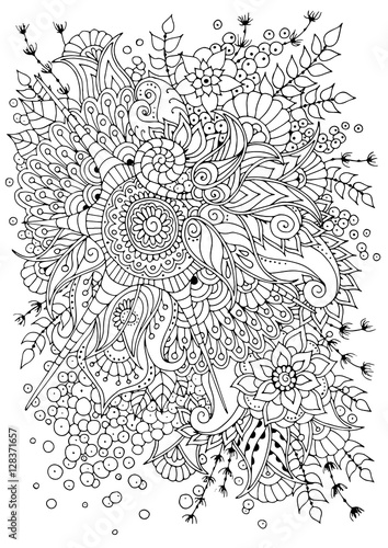 Hand drawn backdrop. Coloring book  page for adult and older children. Black and white abstract floral pattern.