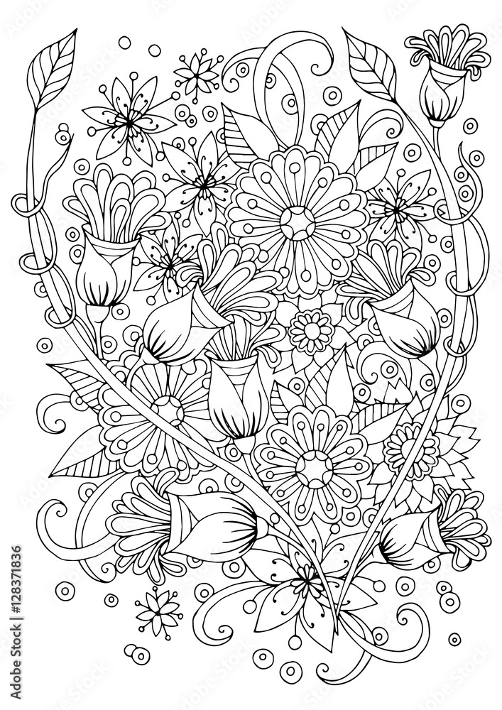 Fototapeta premium Hand drawn backdrop. Coloring book page for adult and older children. Black and white abstract floral pattern.