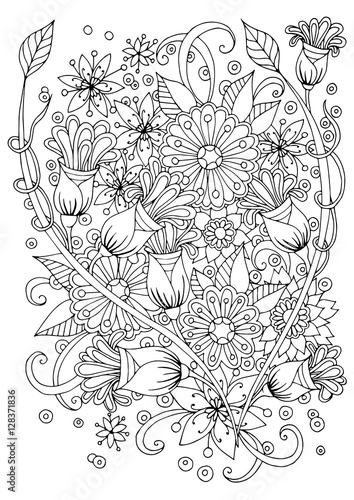 Hand drawn backdrop. Coloring book  page for adult and older children. Black and white abstract floral pattern.