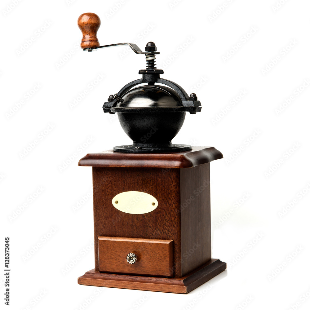 old wooden coffee mill isolated on white background old wooden coffee mill isolated on white background