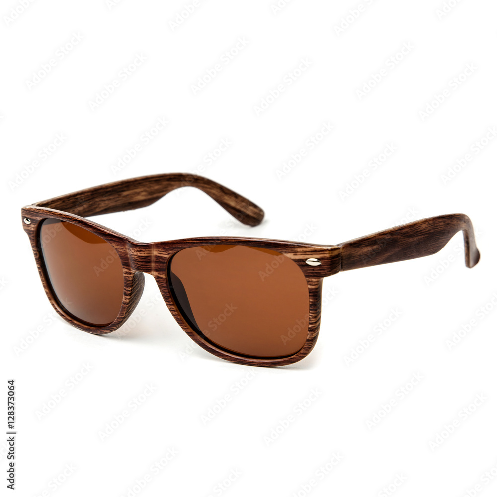 Wooden sunglasses isolated on white background in a studio shot Wooden sunglasses isolated on white background in a studio shot