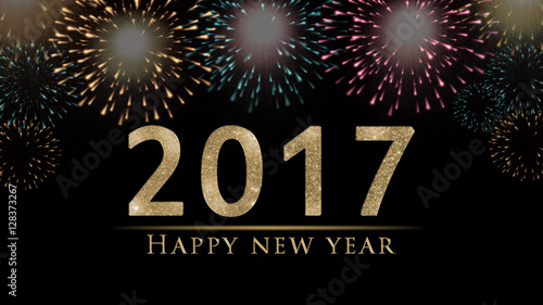 2017 New Year's eve illustration, card with colorful fireworks and sparkling, golden,  Happy New Year text on black background 