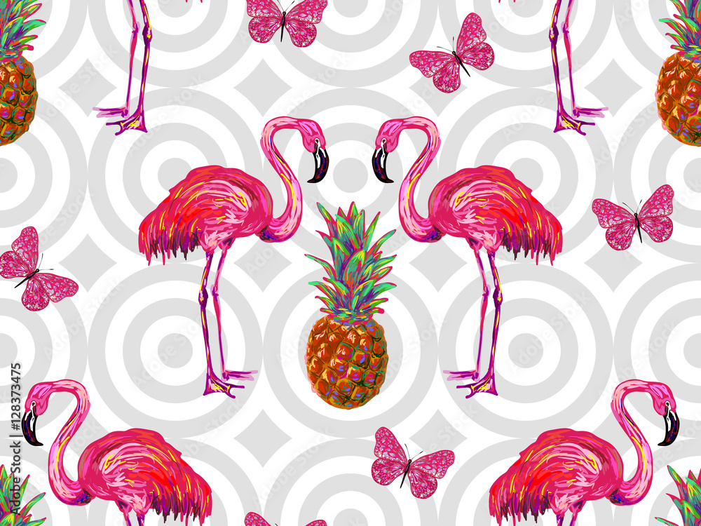 Naklejka premium Summer jungle pattern with tropical butterflies, flamingo and pineapple vector background. Beautiful exotic pattern. Perfect for wallpaper, pattern fill, web page background, surface textures, textile
