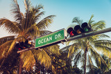 Ocean Drive street sign with palm trees, Miami