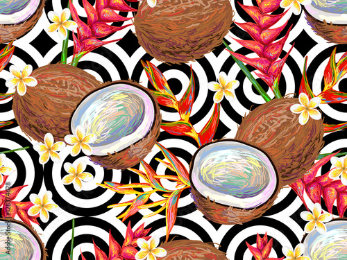 Summer jungle pattern with tropical flowers and coconut vector b