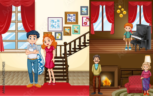 Family members in different rooms of the house