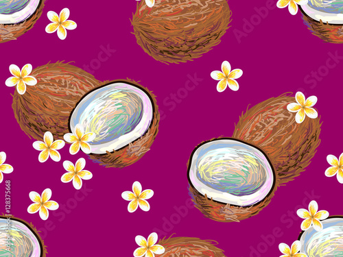 Seamless tropical pattern with coconut and flowers vector backgr