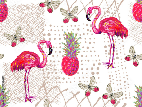 Obraz na plátně Summer jungle pattern with tropical butterflies, flamingo and pineapple vector background