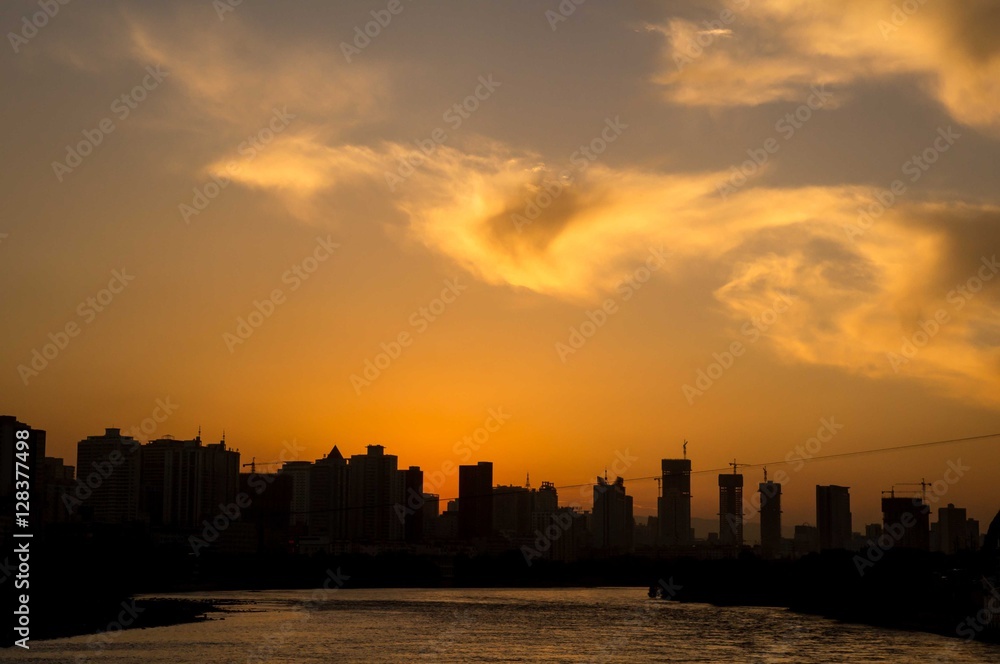 Beautiful sunset over the Yellow River, Lanzhou, China