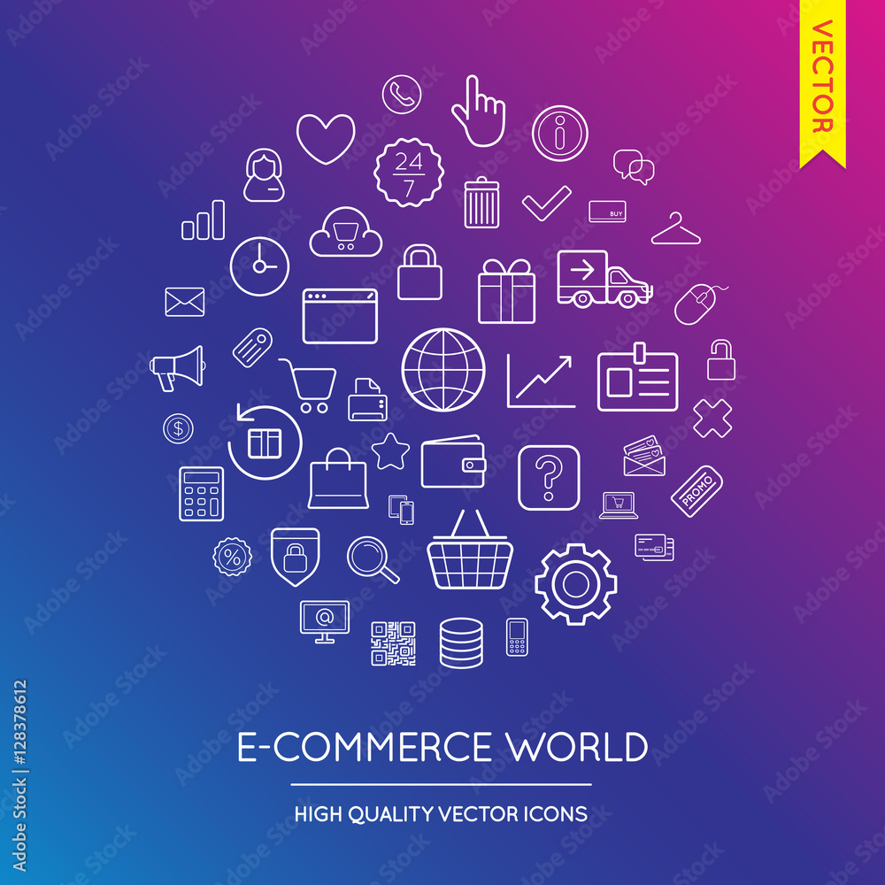 Vector Set of E-Commerce Modern Flat Thin Icons Inscribed in Rou