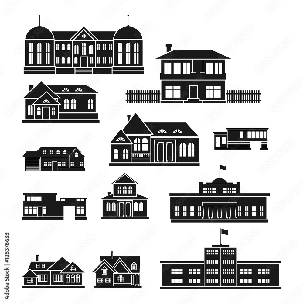 School and Home Building Icon Vector Sets