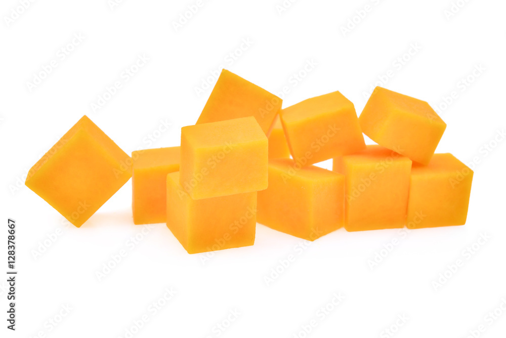 fresh butternut squash cubes isolated on white background fresh butternut squash cubes isolated on white background