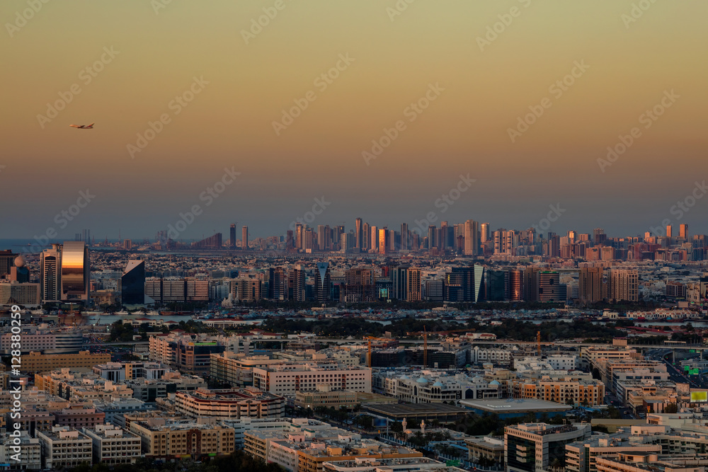 A skyline view of Deira Dubai, UAE and Sharjah as viewed from Dubai Frame at sunset