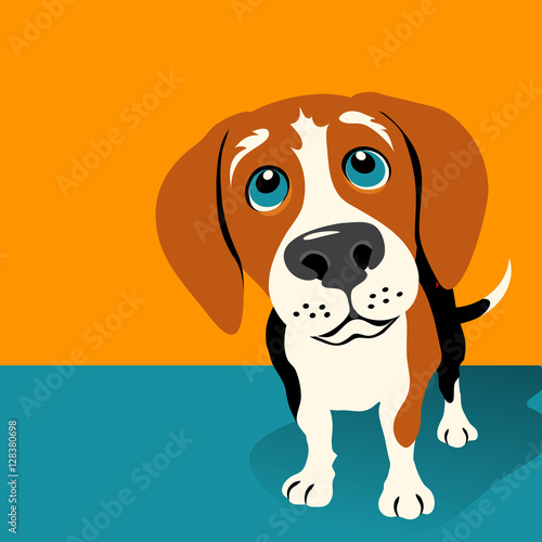 Illustration of a Beagle Dog on orange background with room for text. For posters, cards, banners. © TeddyandMia