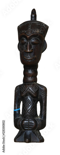 African wooden protective male statue in the tipped hat for men made at the west coast of Kasai by Dengese ethnic group