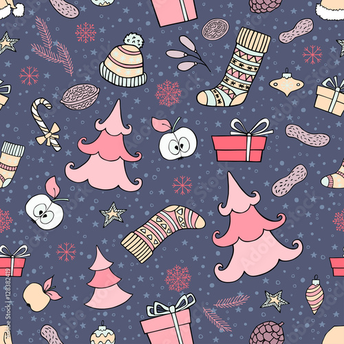 Xmas seamless pattern with hand drawn christmas symbol