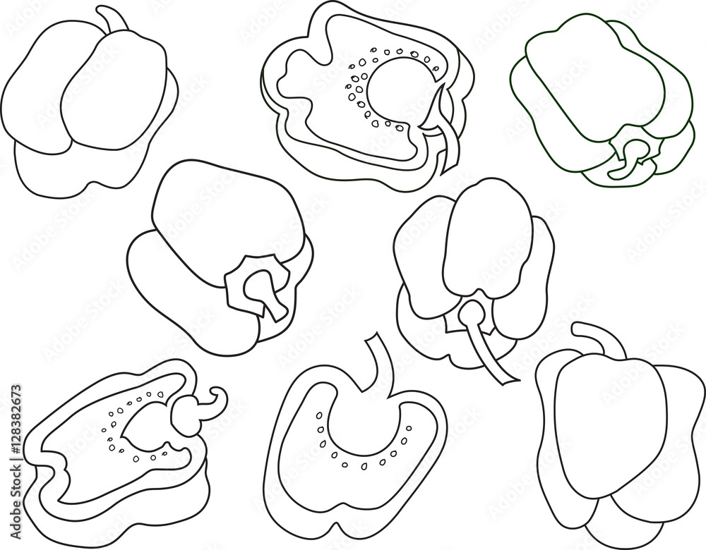 This is a vector illustration of whole and sliced green bell peppers. This is a vector illustration of whole and sliced green bell peppers.