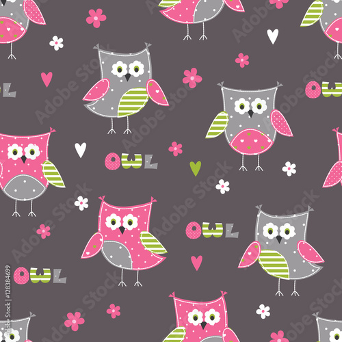 Seamless pattern with cute owls and floral elements