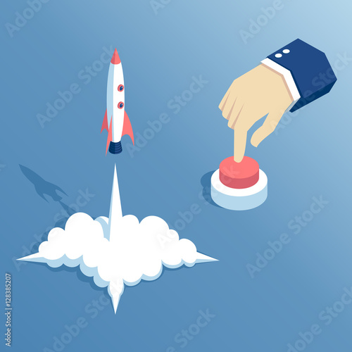 isometric hand presses the button and launches a missile or spacecraft,  the concept of a startup © ilyaf