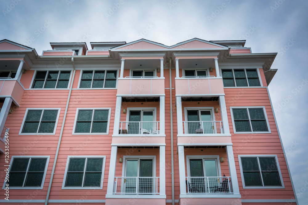 Pink condominium building in North Beach, Maryland.