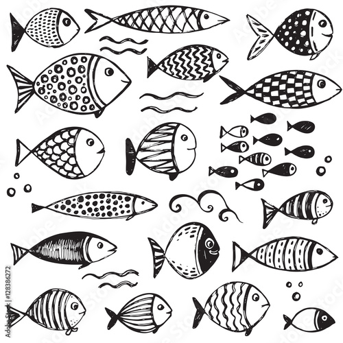 Set of hand drawn funny fishes in sketch style.