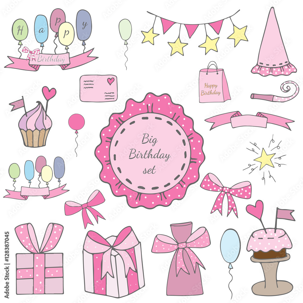 Big Birthday set elements with cake and gift, balloon and ribbon Big Birthday set elements with cake and gift, balloon and ribbon