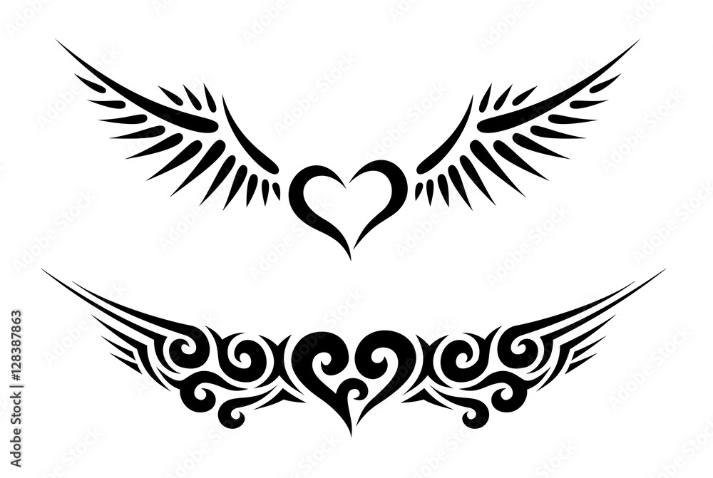 Two Hearts with Wings Tribal Tattoo Stock Vector | Adobe Stock