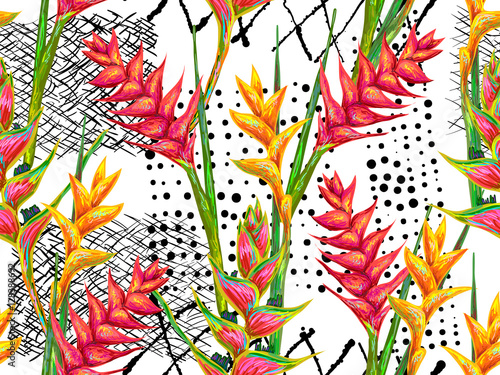 Summer jungle pattern with tropical flowers heliconia or lobster-claw vector background. Perfect for wallpapers, pattern fills, web page backgrounds, surface textures, textile