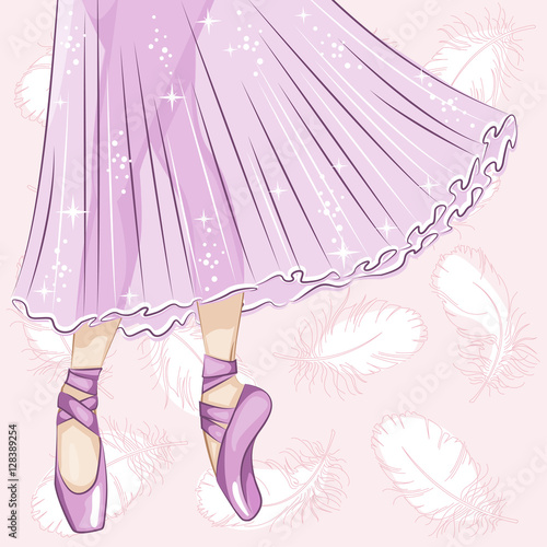 Beautiful ballerina in classical tutu. Slender legs in ballet slippers, pointe shoes. Hand drawn illustration.