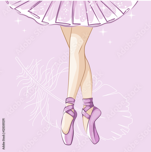 Beautiful ballerina in classical tutu. Slender legs in ballet slippers, pointe shoes. Hand drawn illustration.