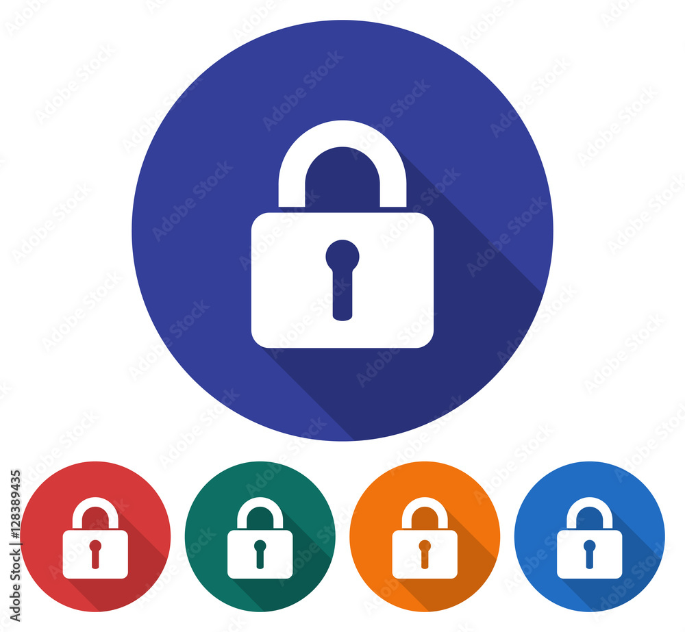 Round icon of locked padlock. Flat style illustration with long shadow in five variants background color Round icon of locked padlock. Flat style illustration with long shadow in five variants background color