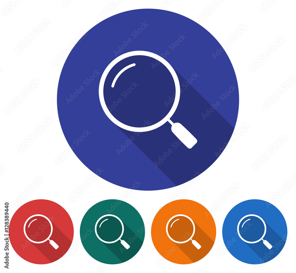 Round icon of magnifying glass. Flat style illustration with long shadow in five variants background color ..