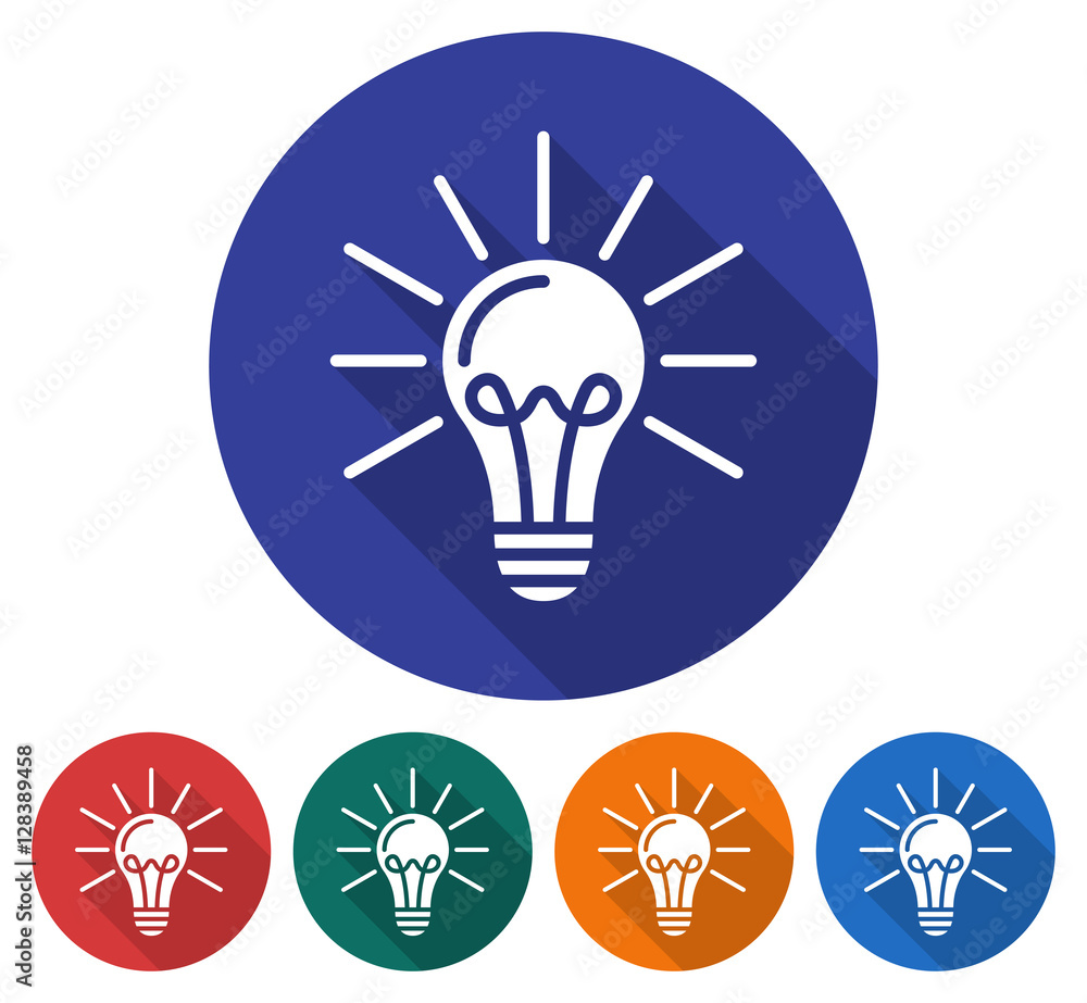 Round icon of lamp radiating light. Flat style illustration with long shadow in five variants background color Round icon of lamp radiating light. Flat style illustration with long shadow in five variants background color