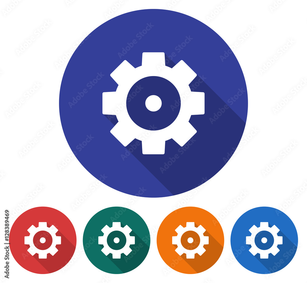 Round icon of cogwheel. Flat style illustration with long shadow in five variants background color Round icon of cogwheel. Flat style illustration with long shadow in five variants background color