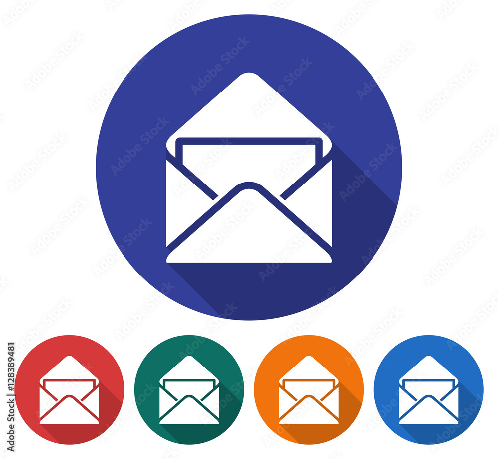 Round icon of open envelope with letter. Flat style illustration with long shadow in five variants background color