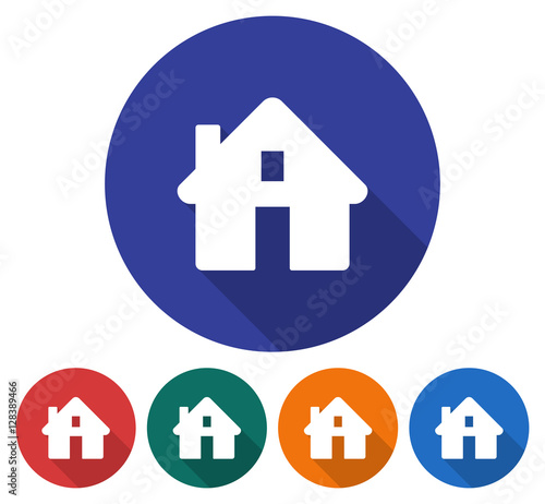 Round icon of home. Flat style illustration with long shadow in five variants background color