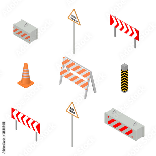 Set of road signs repairs in isometric, vector illustration.