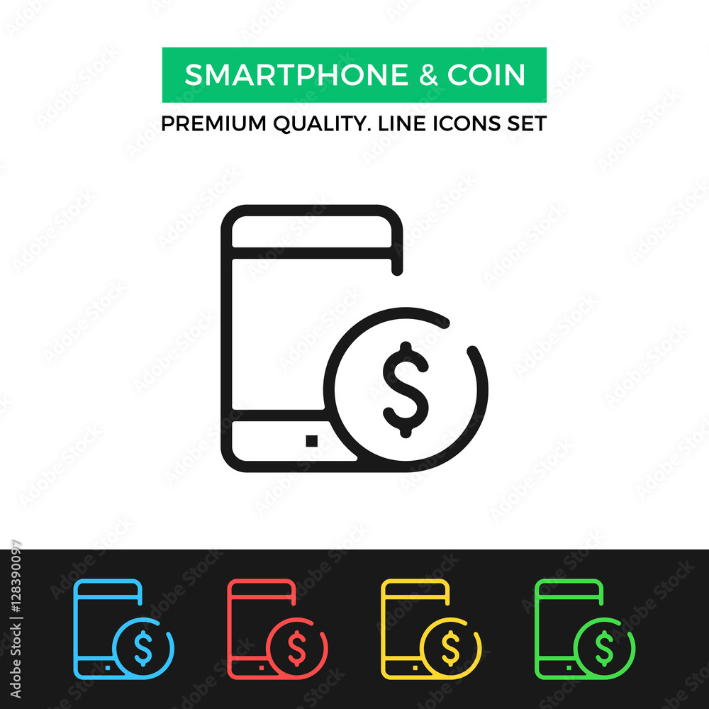 Vector smartphone and coin icon. Thin line icon Vector smartphone and coin icon. Thin line icon