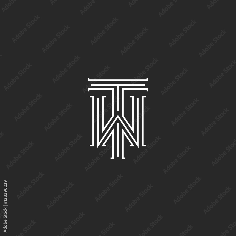 Fototapeta premium TW letters logo medieval monogram black and white combination intersection initials WT for wedding invitation emblem, T W hipster icon