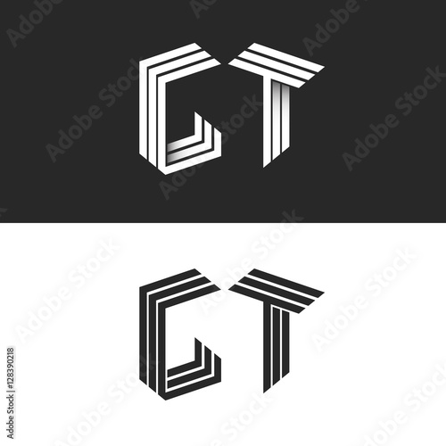 Initials monogram letters GT logo isometric construction. black and white 3d typography design element, group G T hipster emblem