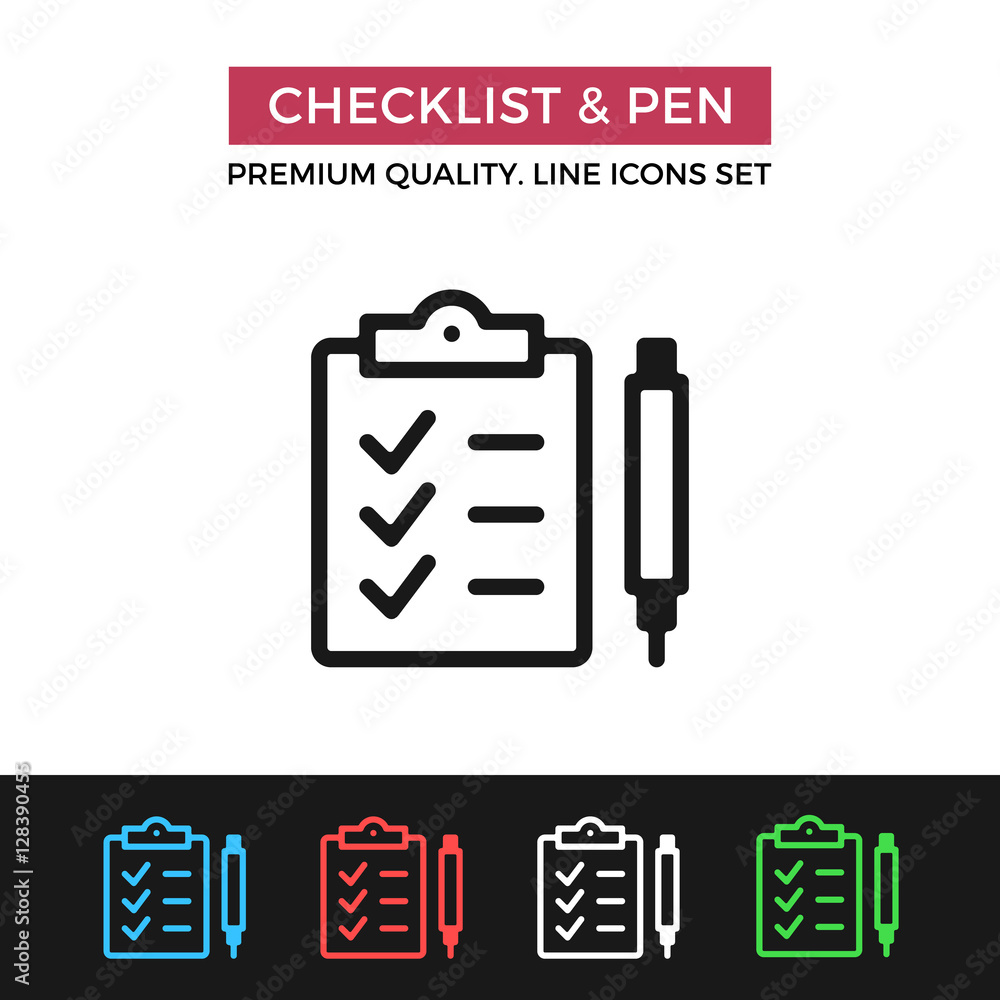 Naklejka premium Vector checklist and pen icon. Thin line icon