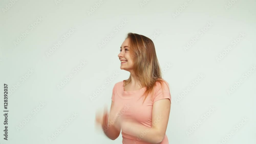 Surprise and joy. Close-up portrait cheerful girl 20 years old teenager looking at camera on white background
