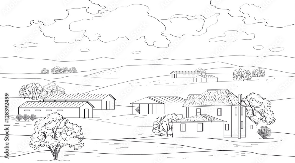 Seamless pattern, vector, line drawn, the house and a dairy farm, on the background of the rural landscape with trees, hills and clouds.