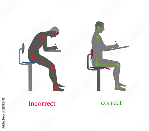 correct and incorrect posture when writing. vector illustration