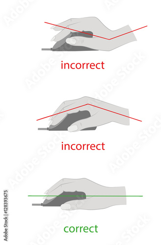 correct and incorrect hand position to work with the computer mouse. vector illustration.