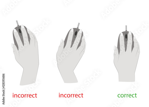 correct and incorrect hand position to work with the computer mouse. vector illustration.