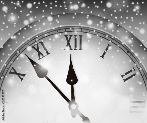 New Year and Christmas concept with vintage clock black and white style. Vector illustration
