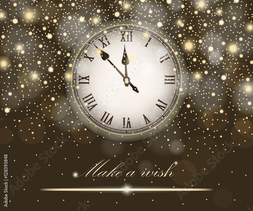 New Year and Christmas concept with vintage clock gold style. Vector illustration